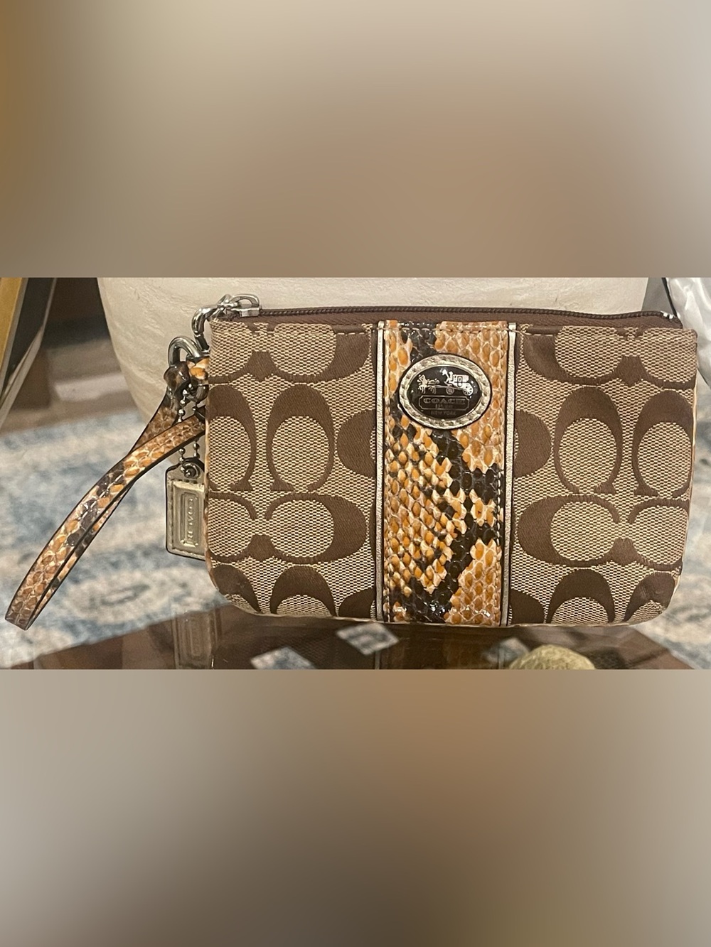 Coach Brown Signature Wristlet with Tan Snakeskin Stripe